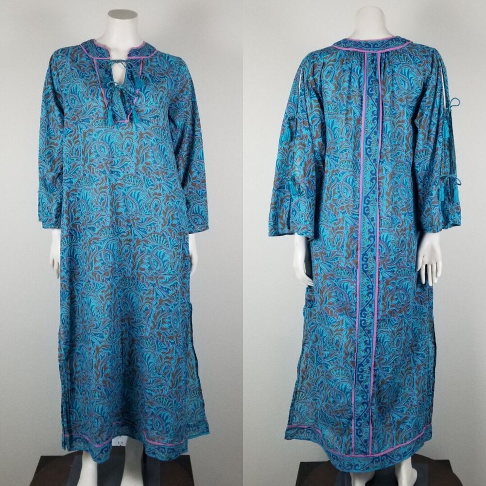 Cleobella Blue Bria Zuri Block Print Kaftan Midi Dress No Belt Size XS *Damaged
